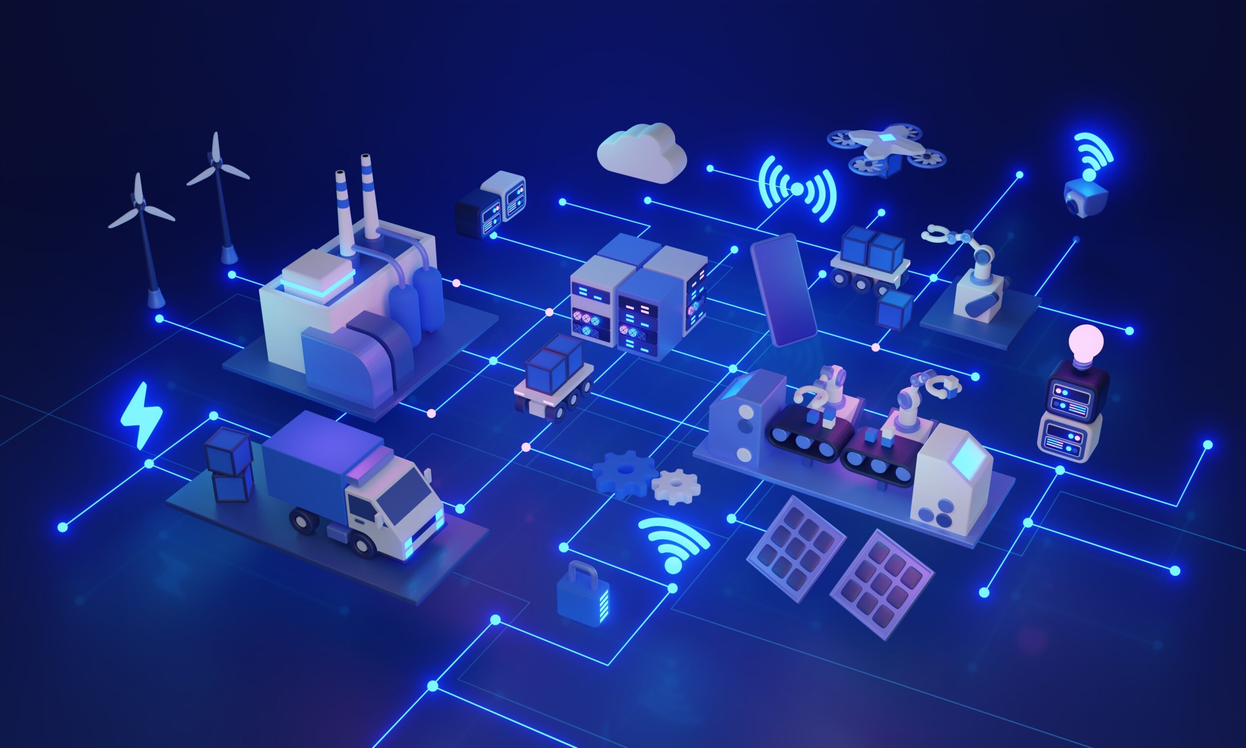 An isometric illustration of a smart industrial factory concept with interconnected nodes highlighting automation and technology features such as wireless communication, renewable energy sources like wind turbines, solar panels, electric truck, and a cloud computing interface.