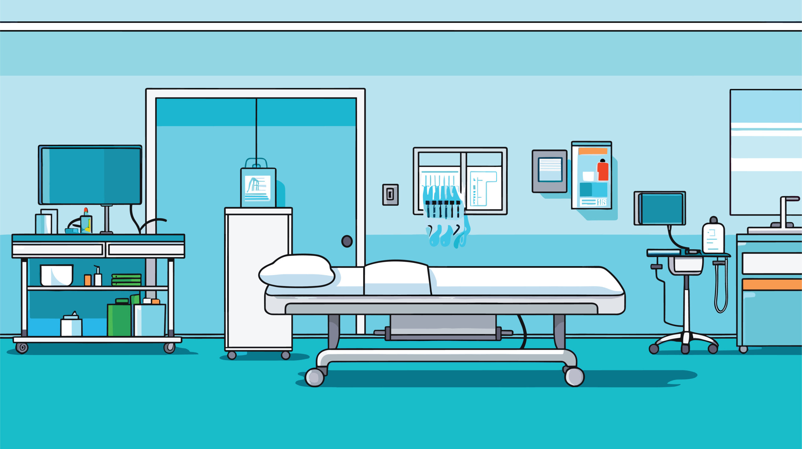 Modern hospital room illustration with a medical bed, various medical equipment, monitors, and medical supplies, showcasing a clean and organized healthcare setting.