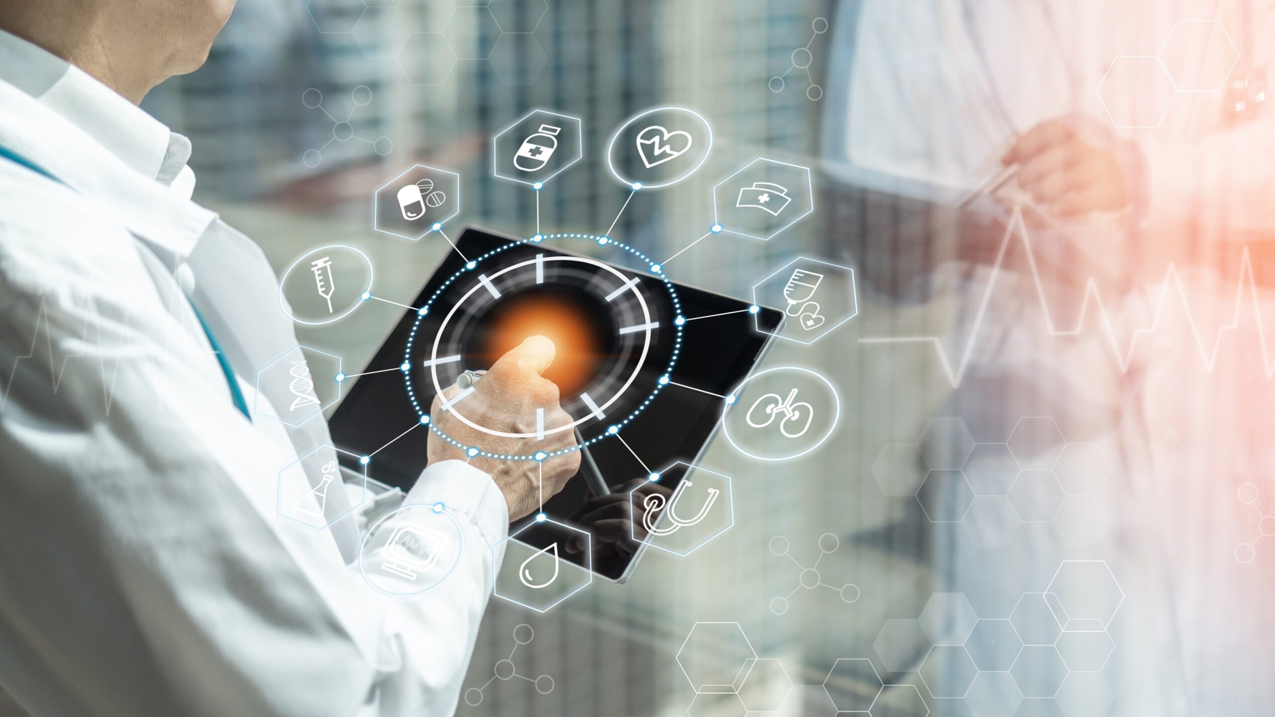 Healthcare professional using a tablet with digital health icons, including symbols for medication, heart health, laboratory testing, and diagnostics, representing advanced medical technology and interconnected healthcare systems.