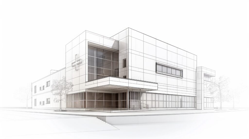 Large modern hospital building, pencil sketch and blueprint